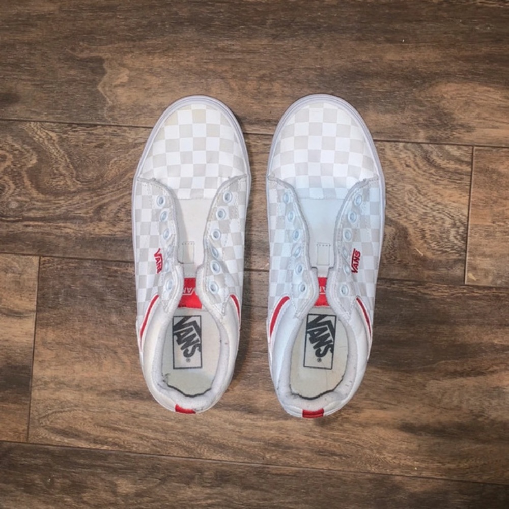 White, red, and Gray checkered Vans